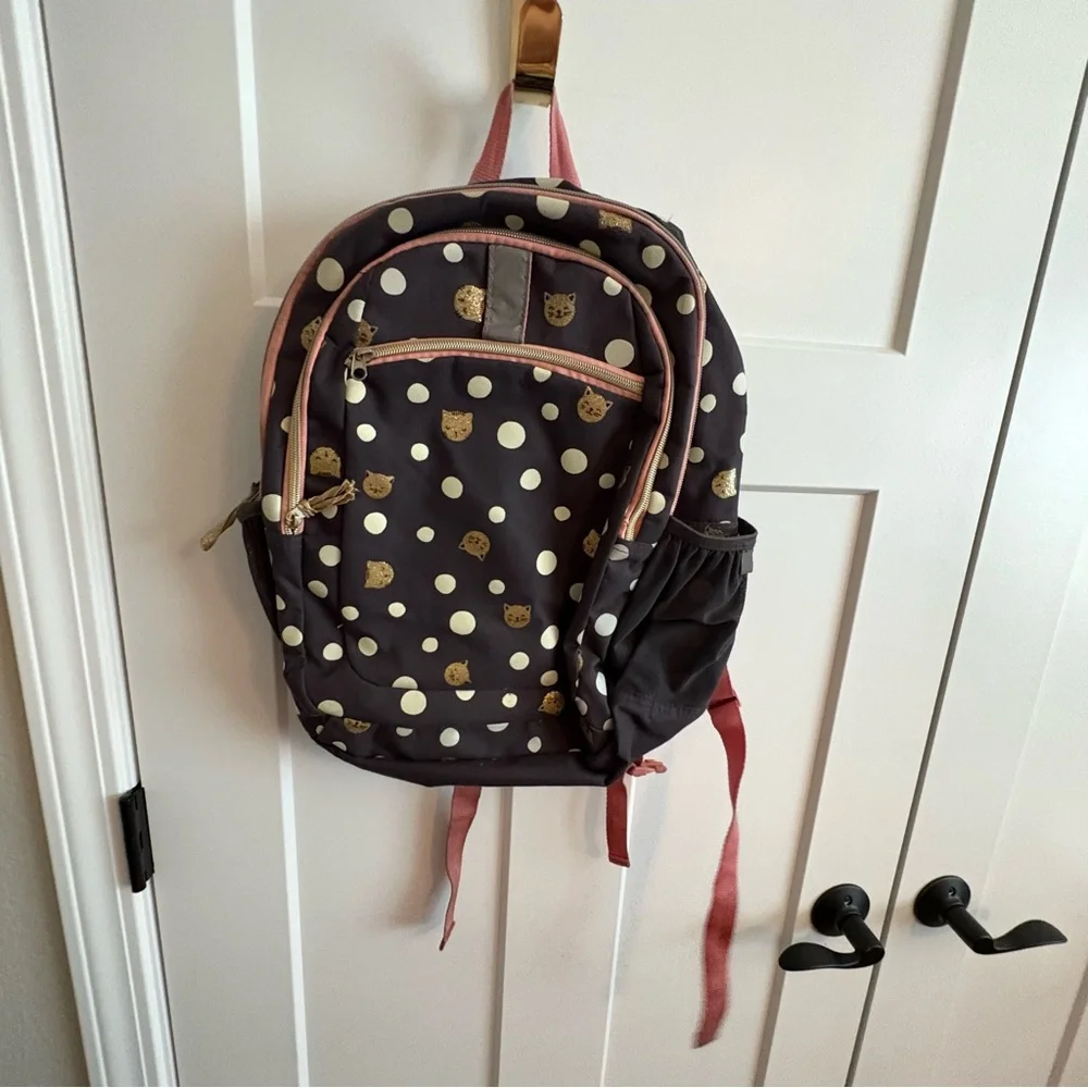 Children’s purrfect backpack, gold sparkle cats, school, daycare, play. Fall